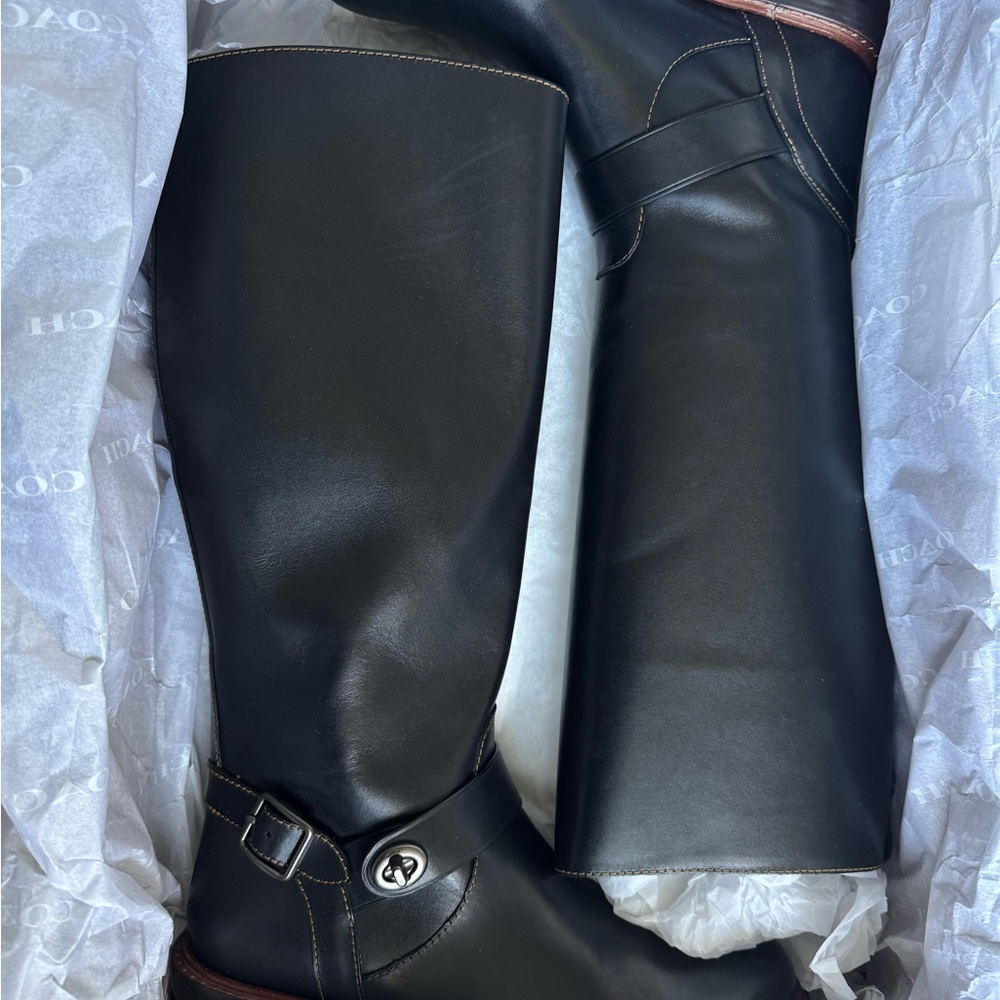 Coach Black Heeled Boots with Silver Buckle - Picture 2 of 8